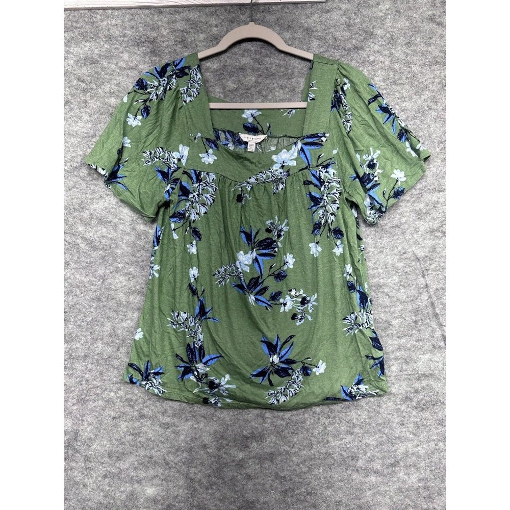Lucky Brand Shirt Womens Size Medium Green Blue Floral Flutter Sleeve Boho